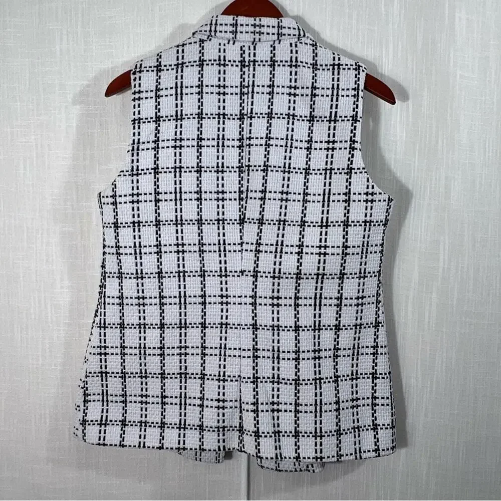 Nanette Lepore Black & White Woven Tweed Plaid One Button Blazer Vest Size M
